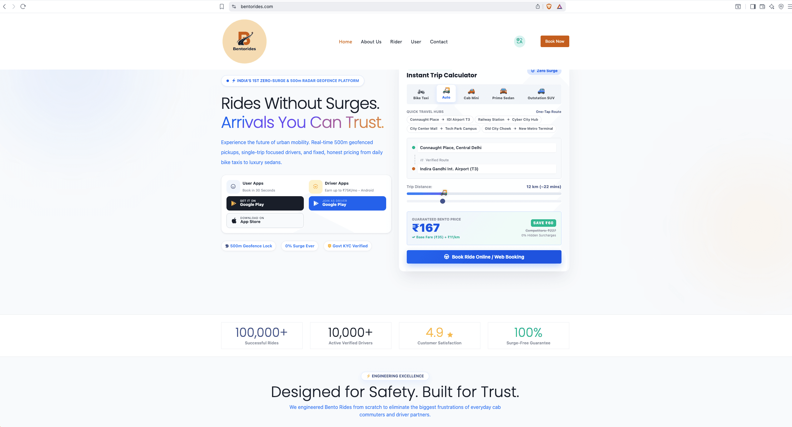 Bento Rides homepage